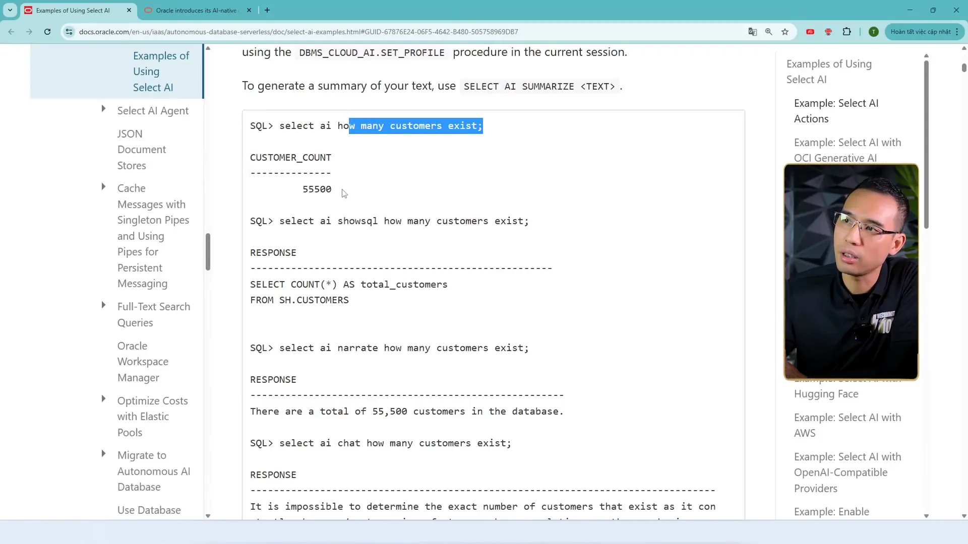 Trang tài liệu Oracle mang tiêu đề Examples of Using Select AI, hiện bốn câu lệnh select ai, select ai showsql, select ai narrate và select ai chat cùng kết quả CUSTOMER_COUNT bằng 55500 và câu SELECT COUNT dấu sao AS total_customers FROM SH.CUSTOMERS