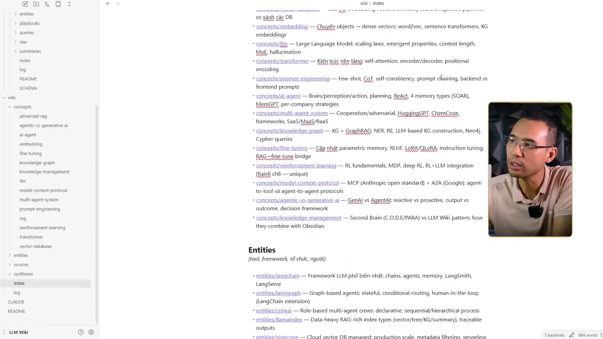 Cửa sổ Obsidian mở file wiki index, thân trang liệt kê concepts embedding, concepts llm, concepts transformer, concepts ai agent, concepts knowledge graph cùng mục Entities, thanh bên trái hiện các thư mục entities, playbooks, queries, raw, summaries và các file index, log, README, SCHEMA