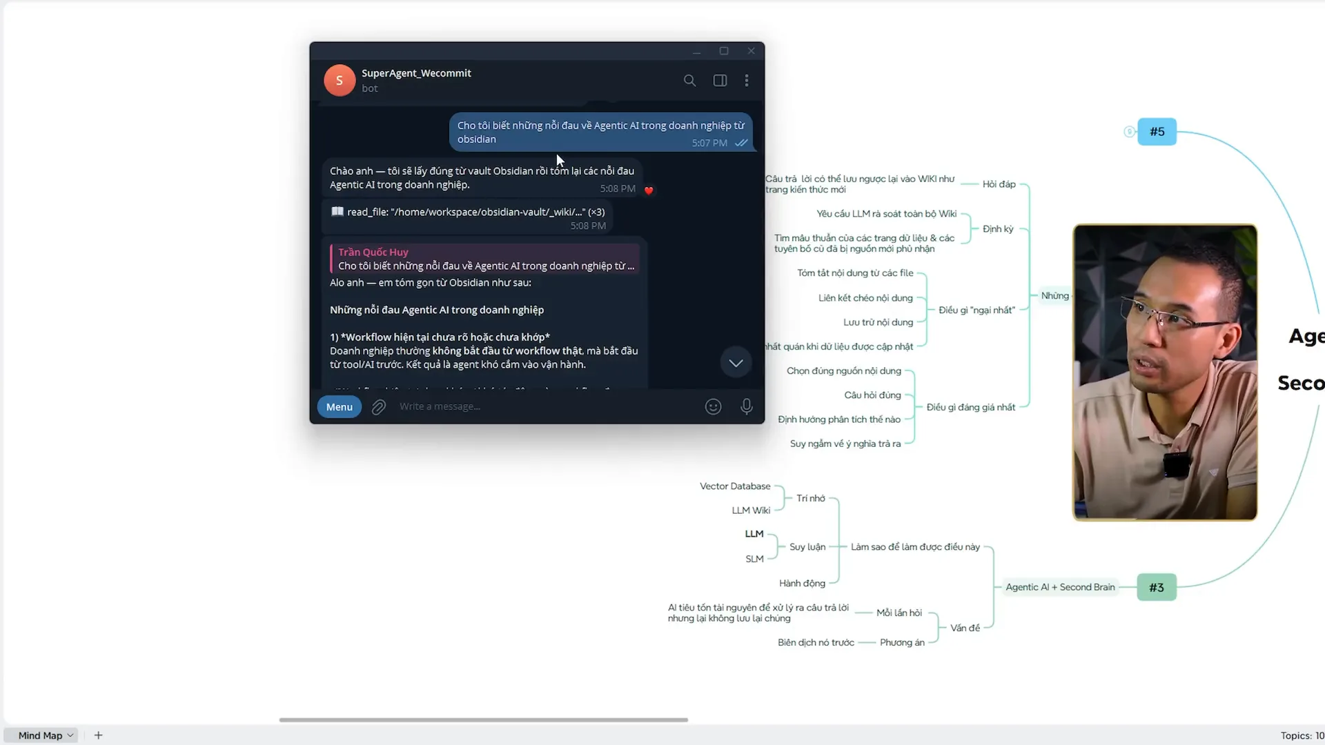 Cửa sổ Telegram của bot tên SuperAgent_Wecommit, câu hỏi Cho tôi biết những nỗi đau về Agentic AI trong doanh nghiệp từ obsidian, bên dưới là dòng read file dẫn tới đường dẫn obsidian vault, tiếp theo là câu trả lời đánh số bắt đầu bằng Workflow hiện tại chưa rõ hoặc chưa khớp