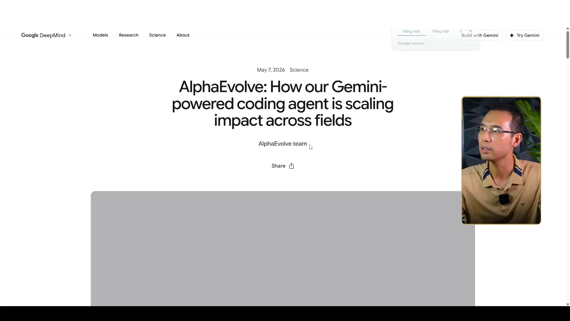Trang blog của Google DeepMind ghi ngày May 7, 2026, mục Science, tiêu đề AlphaEvolve How our Gemini powered coding agent is scaling impact across fields, tác giả AlphaEvolve team