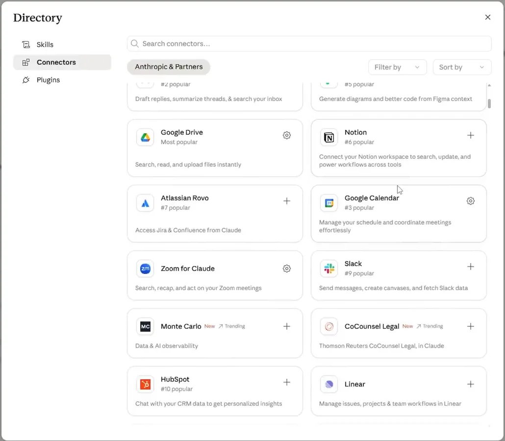 Cửa sổ Directory trong Claude liệt kê các connector Google Drive, Notion, Atlassian Rovo, Google Calendar, Zoom for Claude, Slack, Monte Carlo, CoCounsel Legal, HubSpot, Linear, mỗi thẻ có một nút dấu cộng để bật