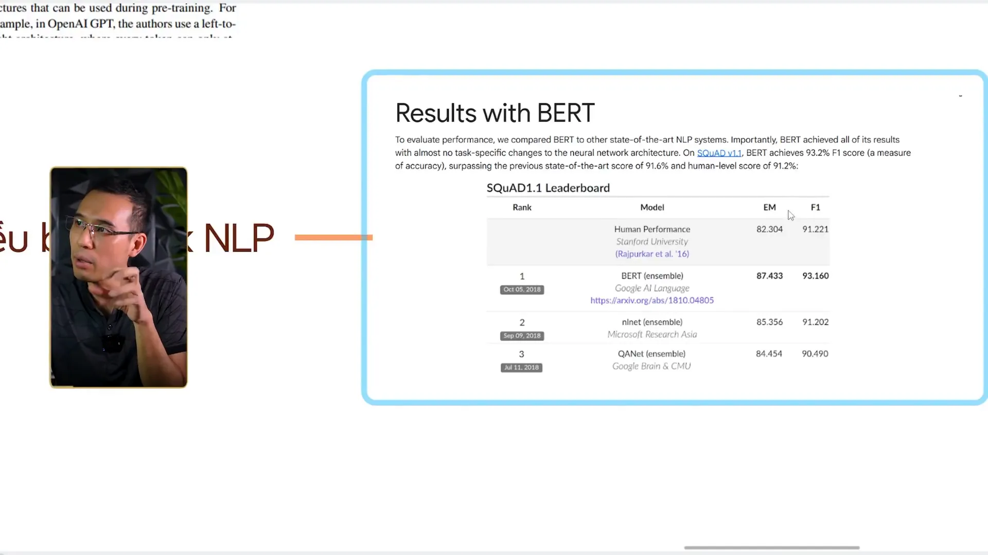 Trang Results with BERT của Google hiện bảng SQuAD1.1 Leaderboard, dòng Human Performance của Stanford University ghi EM 82,304 và F1 91,221, dòng hạng nhất là BERT ensemble của Google AI Language ghi EM 87,433 và F1 93,160, dưới nữa là nlnet của Microsoft Research Asia và QANet của Google Brain