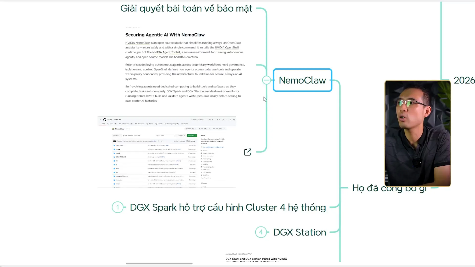 Trang Securing Agentic AI With NemoClaw mô tả NemoClaw là bộ mã nguồn mở giúp chạy trợ lý OpenClaw luôn bật một cách an toàn hơn bằng một câu lệnh, cài kèm runtime NVIDIA OpenShell thuộc NVIDIA Agent Toolkit và các model mở như Nemotron, bên dưới là ảnh chụp kho GitHub NVIDIA NemoClaw, các nhánh sơ đồ bên phải ghi NemoClaw, DGX Spark hỗ trợ cấu hình Cluster 4 hệ thống và DGX Station