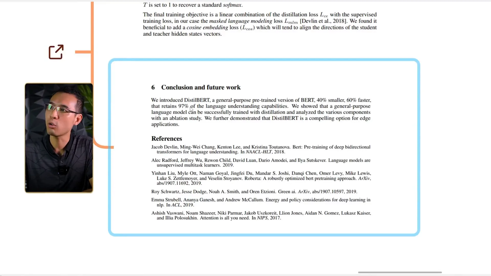 Mục 6 Conclusion and future work trong bài báo DistilBERT ghi mô hình nhỏ hơn 40 phần trăm, nhanh hơn 60 phần trăm và giữ lại 97 phần trăm năng lực hiểu ngôn ngữ, phía trên là công thức hàm mất mát kết hợp, phía dưới là danh sách References gồm Devlin, Radford, Liu và Vaswani
