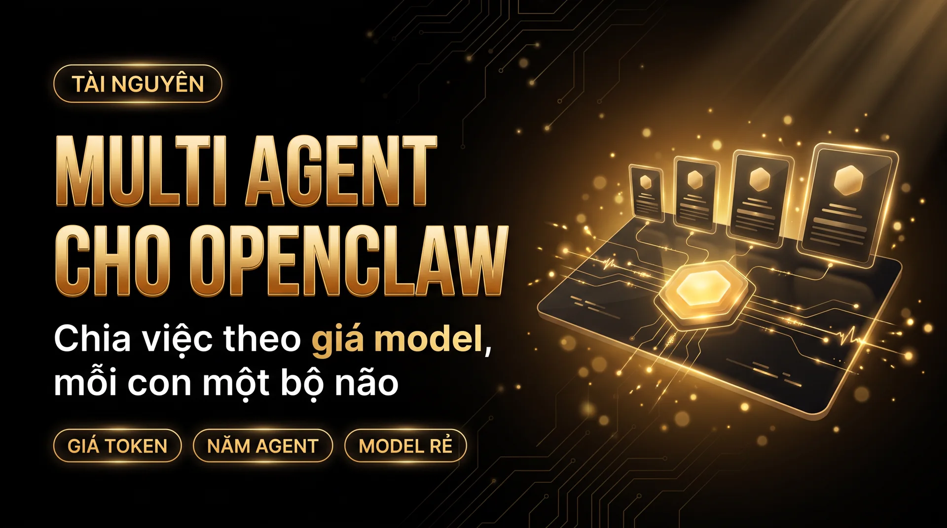 Ảnh bìa nền đen chữ vàng, tiêu đề Multi Agent cho OpenClaw, dòng phụ Chia việc theo giá model, mỗi con một bộ não