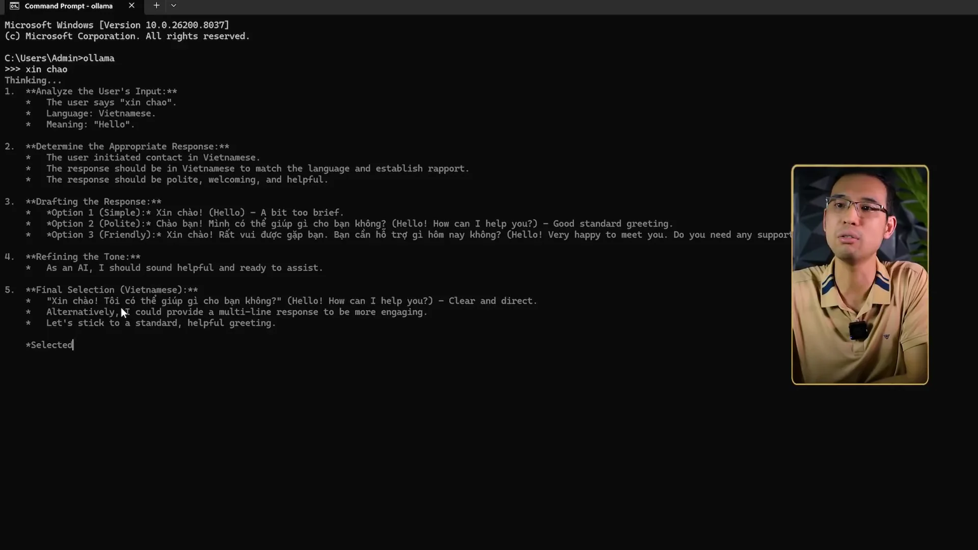 Cửa sổ Command Prompt đang chạy ollama, người dùng gõ xin chao và mô hình local in ra năm bước suy nghĩ trước khi chốt câu trả lời tiếng Việt
