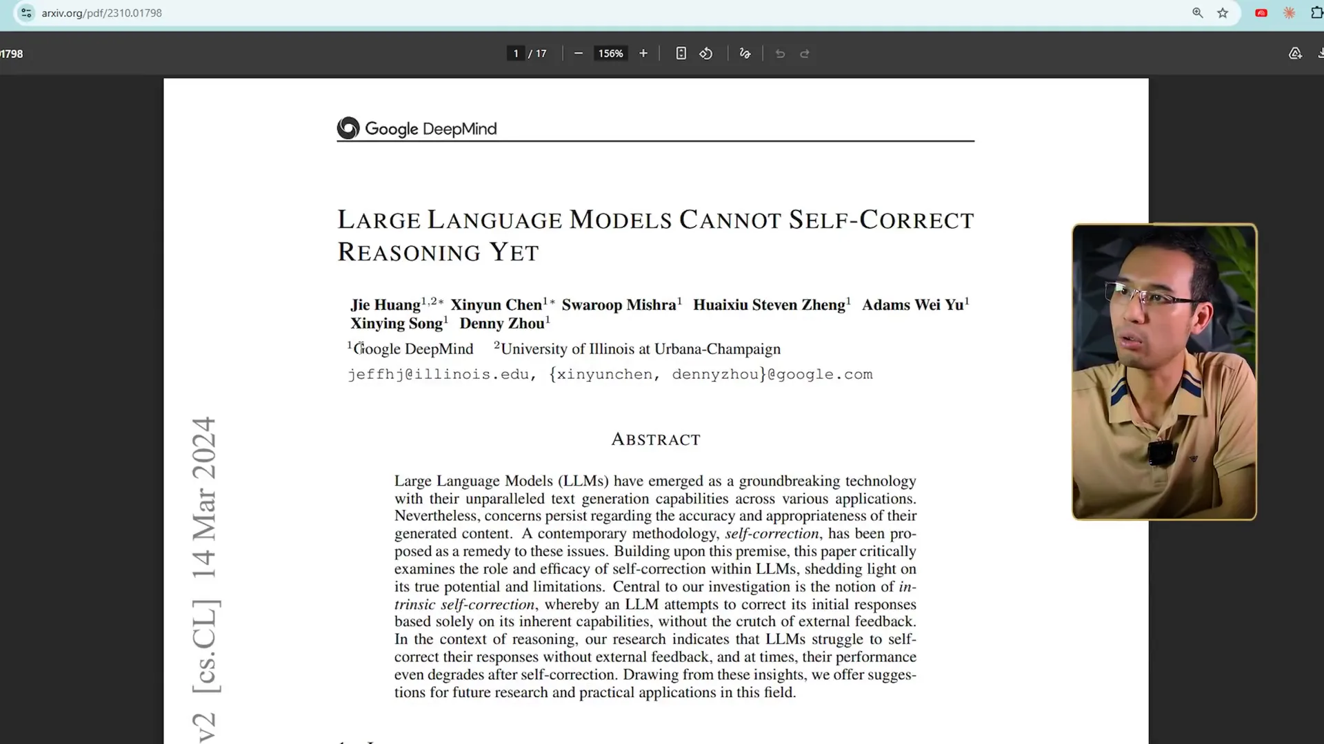 Trang đầu bài báo Large Language Models Cannot Self-Correct Reasoning Yet của Google DeepMind và Đại học Illinois tại Urbana-Champaign, mở trên arxiv.org/pdf/2310.01798