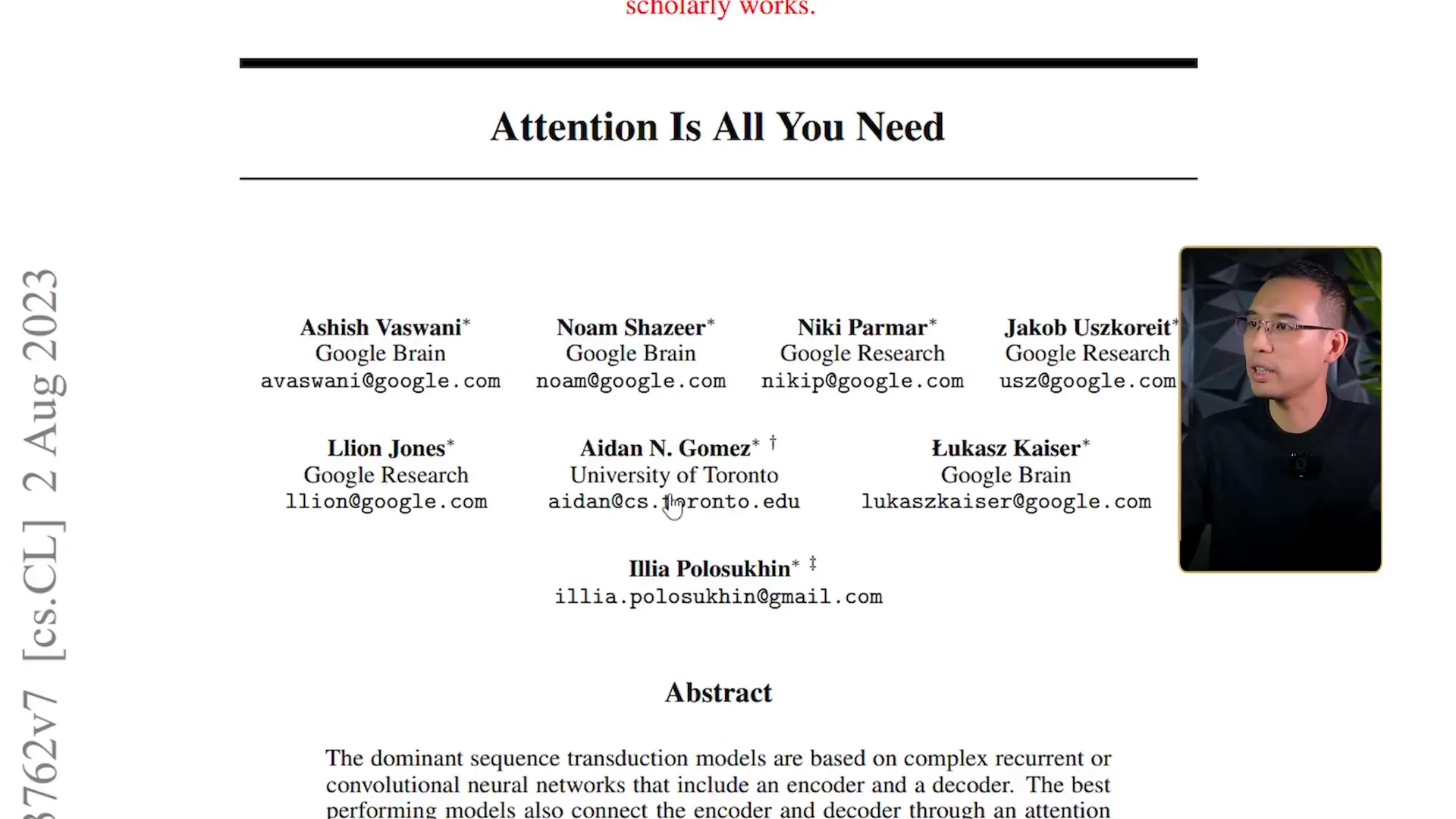 Trang đầu bài báo Attention Is All You Need trên arXiv, hiện tên tám tác giả kèm nơi làm việc gồm Google Brain, Google Research và University of Toronto