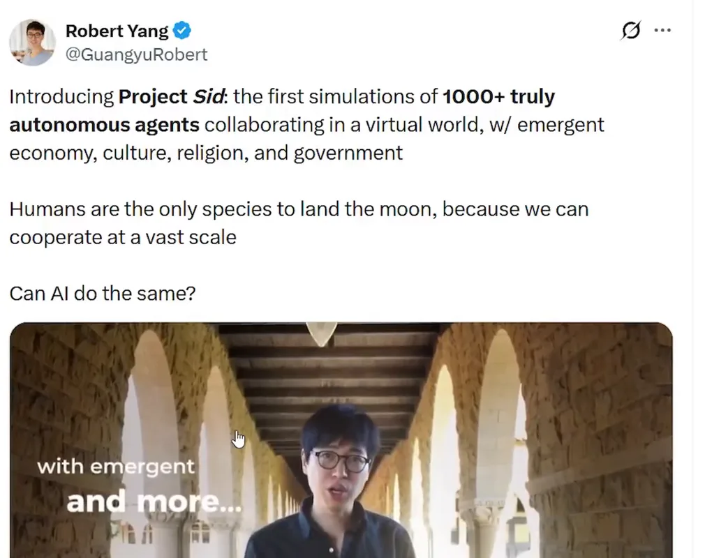 Bài đăng trên X của Robert Yang giới thiệu Project Sid, mô phỏng hơn 1000 agent tự chủ hợp tác trong một thế giới ảo với kinh tế, văn hoá, tôn giáo và chính quyền tự hình thành