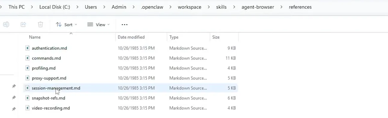 Cửa sổ File Explorer mở thư mục references trong đường dẫn openclaw workspace skills agent browser, bên trong có bảy file markdown gồm authentication, commands, profiling, proxy support, session management, snapshot refs và video recording