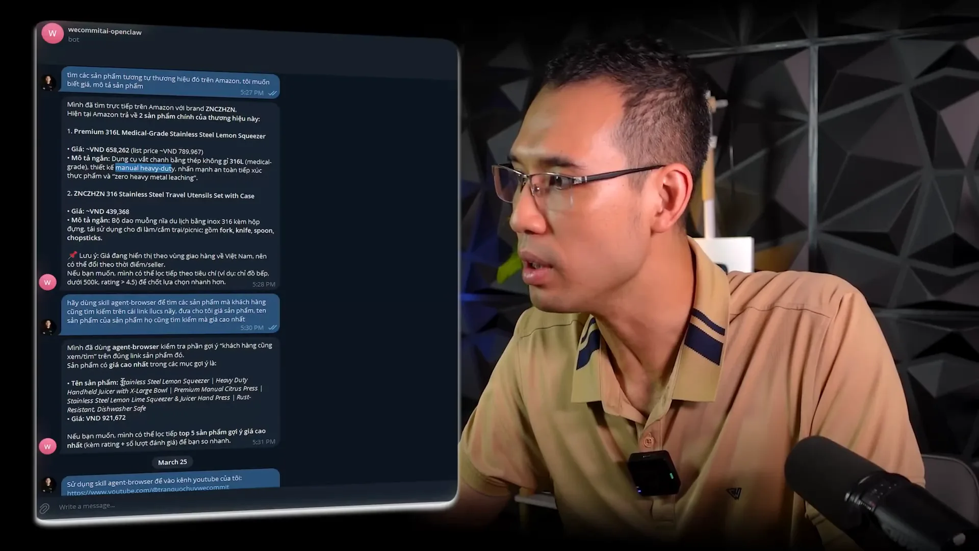 Cửa sổ chat Telegram với bot wecommitai openclaw, câu hỏi tiếng Việt yêu cầu tìm sản phẩm cùng thương hiệu trên Amazon và câu trả lời liệt kê hai sản phẩm kèm giá 658.262 và 439.368 đồng, phía dưới là kết quả tìm sản phẩm có giá cao nhất trong mục khách hàng cũng xem, giá 921.672 đồng