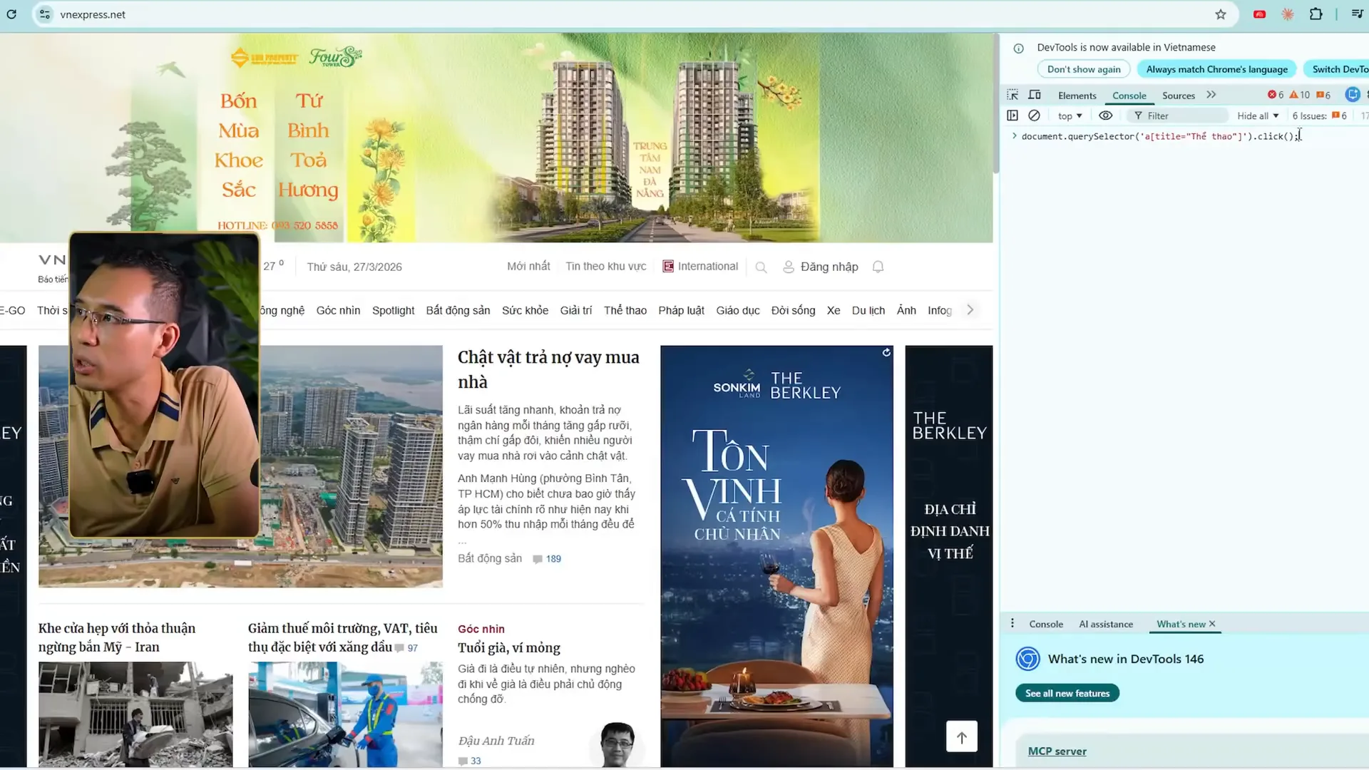 Bảng Console của DevTools trên trang vnexpress.net, dòng lệnh document.querySelector với chọn lọc a title Thể thao rồi gọi click, chưa ấn enter