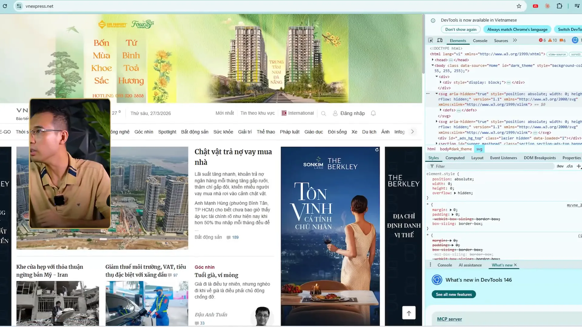 Trang chủ vnexpress.net mở cạnh bảng DevTools của Chrome, thẻ Elements hiện cây HTML với thẻ html lang vi, head, body và các thẻ div lồng nhau, bên dưới là bảng Styles