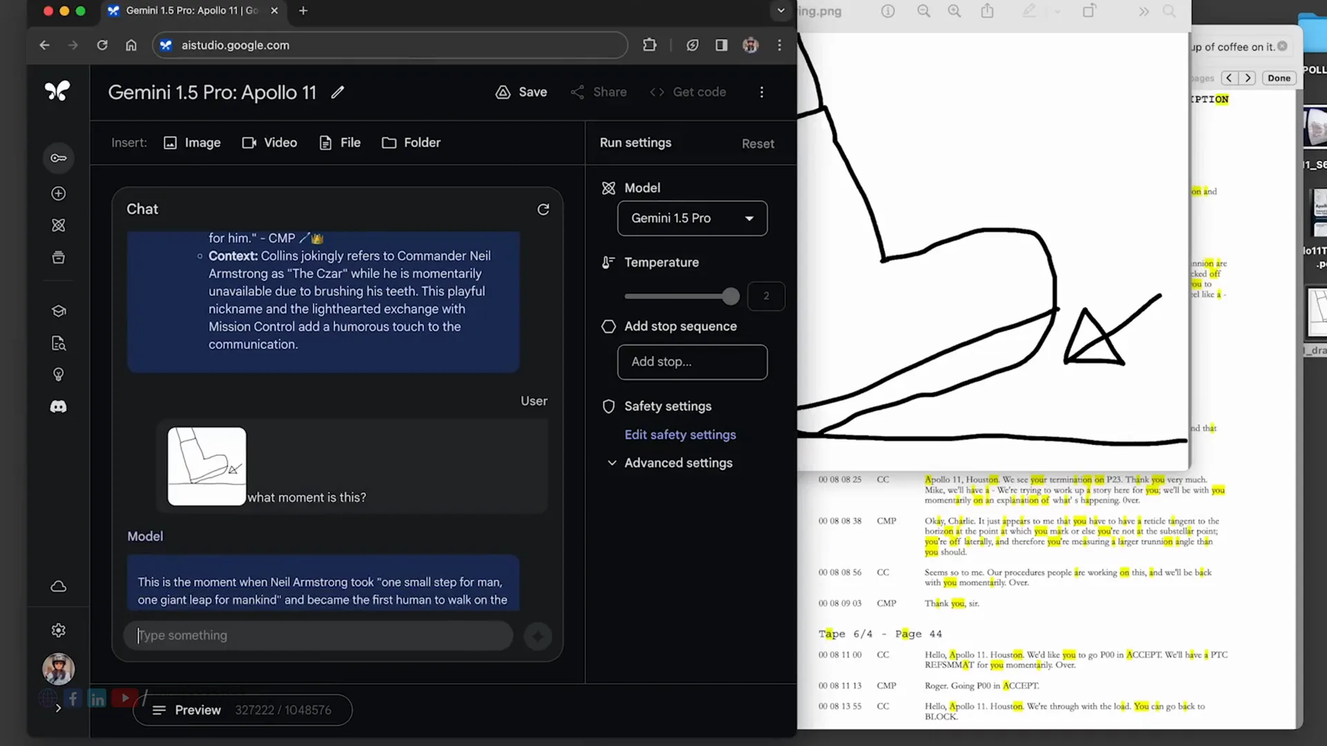 Màn hình Google AI Studio chạy Gemini 1.5 Pro với bản ghi Apollo 11, người dùng gửi một hình vẽ tay chiếc ủng kèm câu hỏi what moment is this, mô hình trả lời đúng khoảnh khắc Neil Armstrong bước những bước đầu tiên, bộ đếm dưới cùng ghi 327222 trên 1048576 token