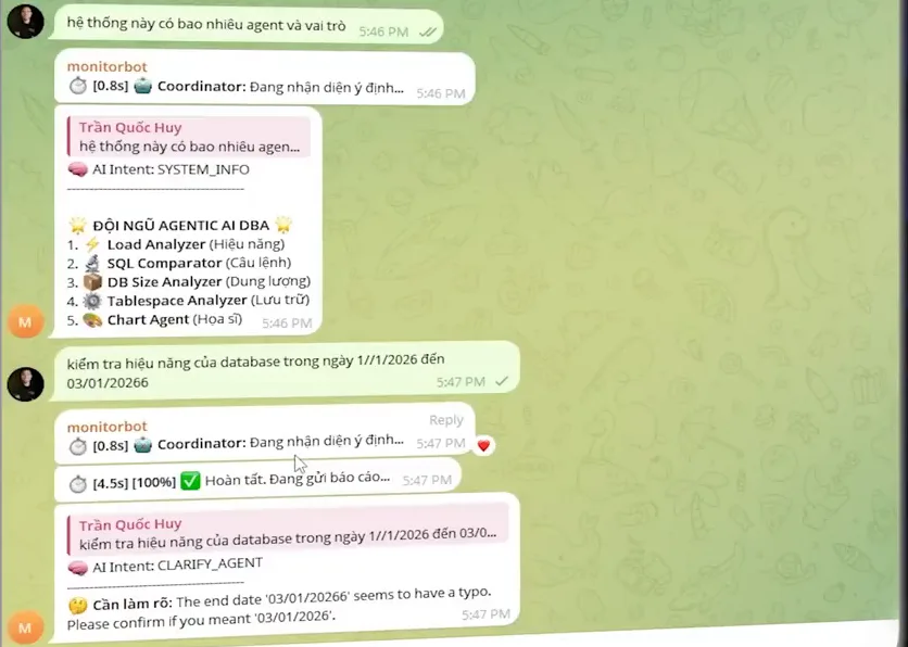 Cửa sổ chat của trợ lý giám sát, bot trả lời câu hỏi hệ thống có bao nhiêu agent bằng danh sách năm dòng gồm Load Analyzer, SQL Comparator, DB Size Analyzer, Tablespace Analyzer và Chart Agent, phía dưới coordinator đọc ra ý định CLARIFY_AGENT rồi hỏi lại vì ngày kết thúc bị gõ nhầm