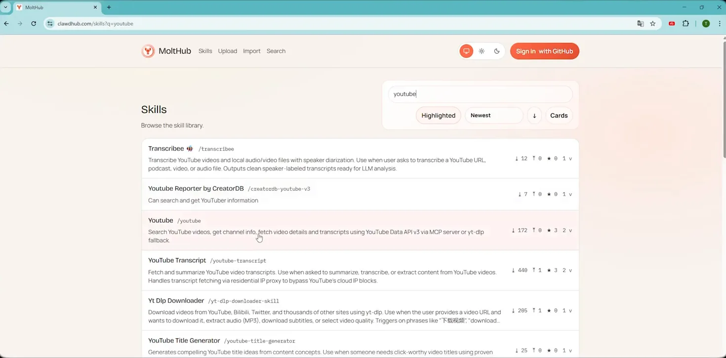 Trang MoltHub ở địa chỉ clawdhub.com đang tìm từ khoá youtube, liệt kê các skill Transcribee, Youtube Reporter by CreatorDB, Youtube, YouTube Transcript, Yt Dlp Downloader và YouTube Title Generator kèm số lượt tải của từng cái