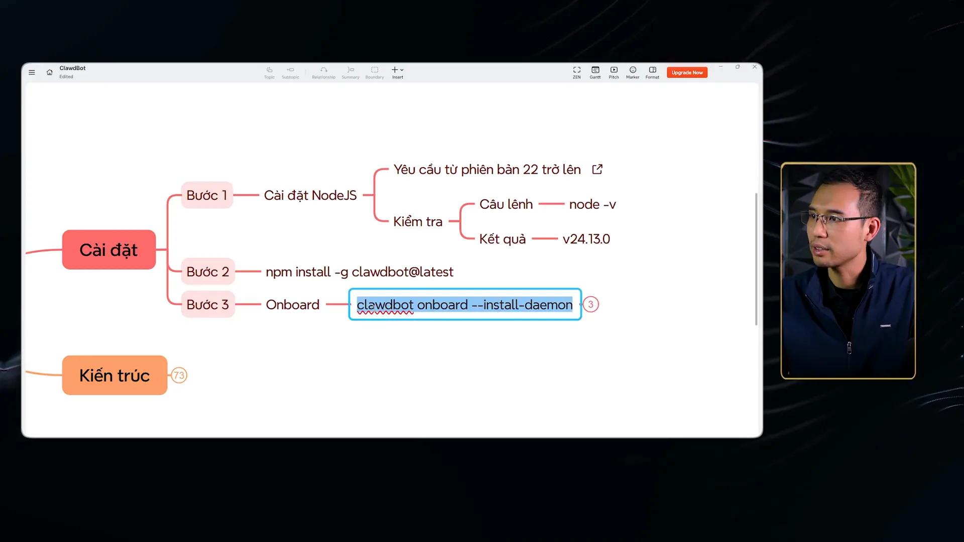 Sơ đồ Cài đặt ba bước gồm Bước 1 cài NodeJS yêu cầu từ phiên bản 22 trở lên và kiểm tra bằng câu lệnh node -v ra kết quả v24.13.0, Bước 2 npm install -g clawdbot@latest, Bước 3 Onboard bằng clawdbot onboard --install-daemon