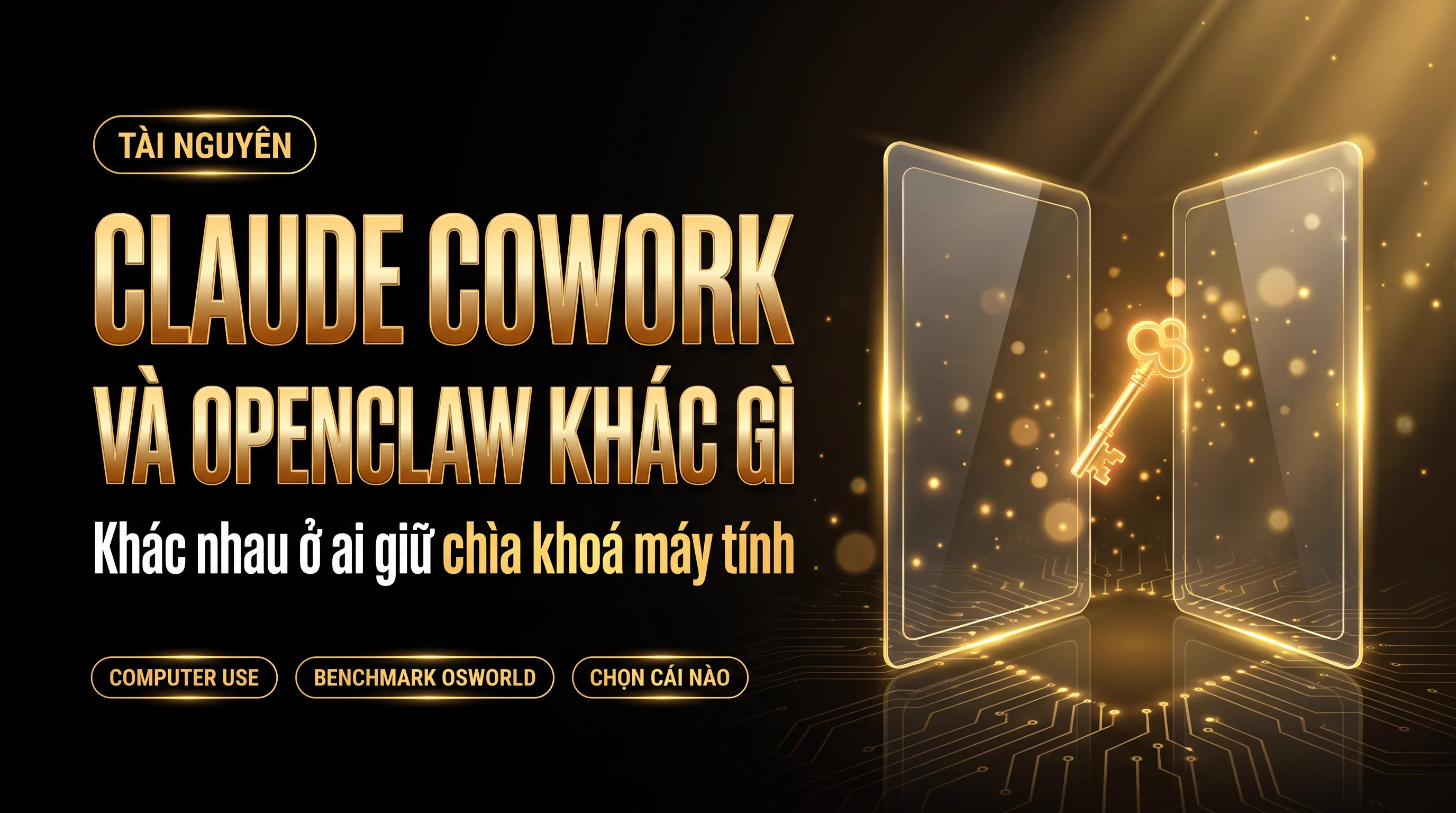 Ảnh bìa bài viết Claude Cowork và OpenClaw khác nhau ở đâu, nền đen chữ vàng