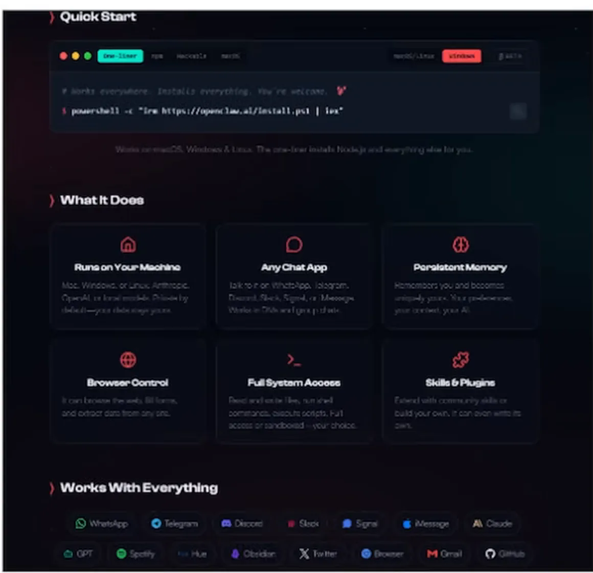 Trang openclaw.ai phóng to, mục Quick Start là một dòng lệnh cài đặt duy nhất chạy trên Windows, phần What It Does gồm sáu thẻ Runs on Your Machine, Any Chat App, Persistent Memory, Browser Control, Full System Access và Skills and Plugins, dưới cùng là hàng biểu tượng WhatsApp Telegram Discord Slack Signal iMessage