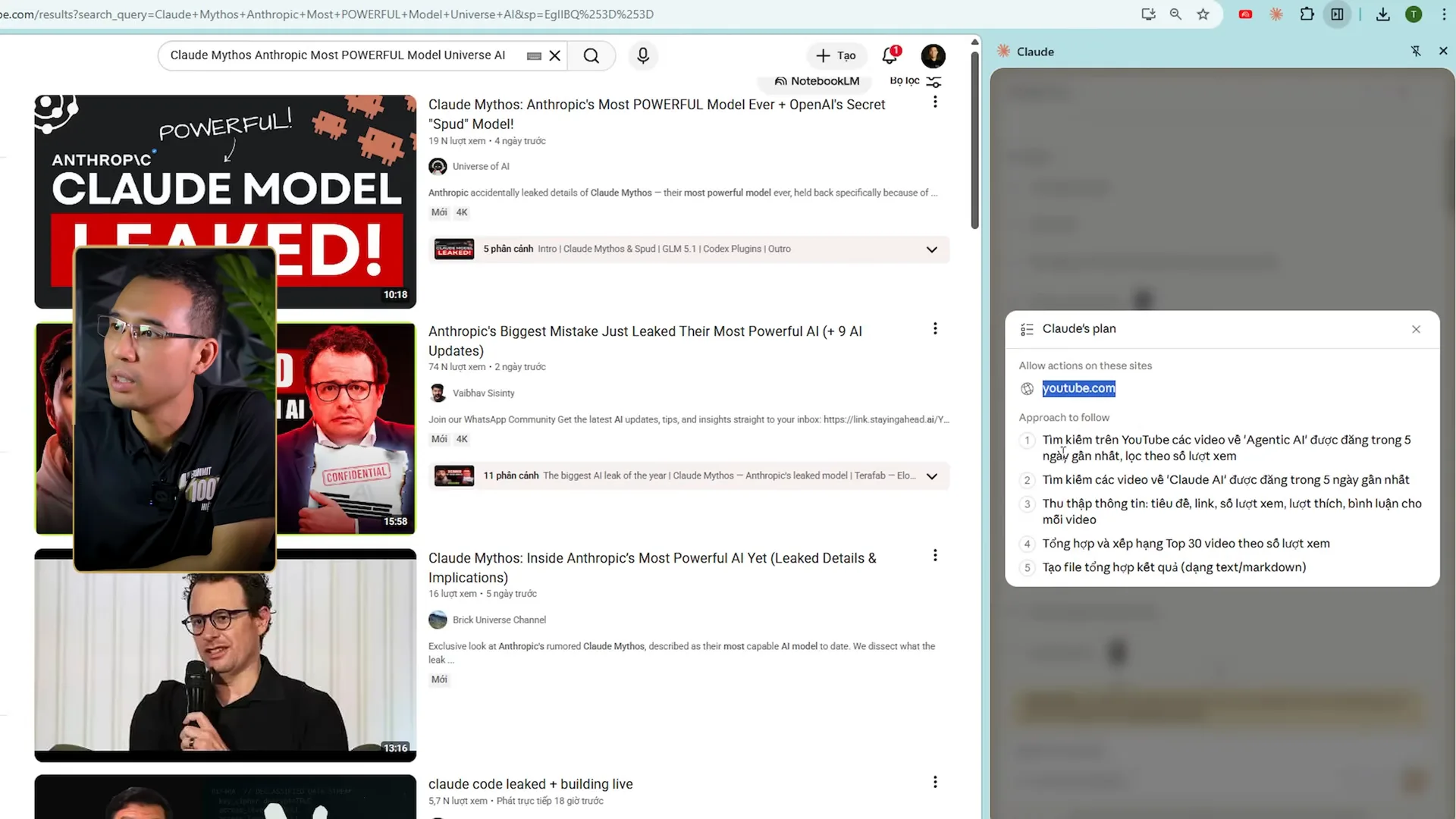 Bảng Claude gắn trong trình duyệt hiện thẻ Claude's plan, dòng Allow actions on these sites ghi youtube.com, bên dưới là năm bước từ tìm video Agentic AI trong năm ngày gần nhất tới tạo file tổng hợp kết quả