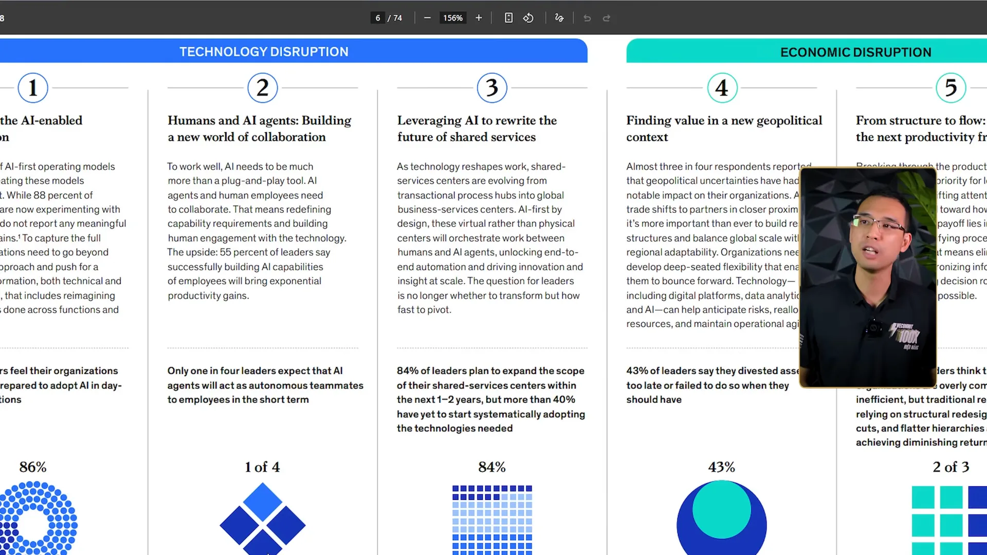 Trang 6 trên 74 của báo cáo The State of Organizations 2026 của McKinsey, xu hướng số hai tên Humans and AI agents Building a new world of collaboration, dòng số liệu bên dưới ghi chỉ một trên bốn lãnh đạo tin rằng AI agent sẽ làm đồng đội tự chủ cho nhân viên trong ngắn hạn