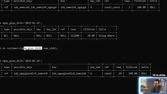 So sánh EXPLAIN MySQL khi đổi thứ tự cột trong composite index, rows giảm từ 112200 xuống 39