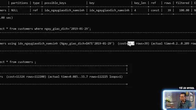 Kết quả EXPLAIN ANALYZE của MySQL so sánh cost 11324 với actual time 33.7 giây khi table scan