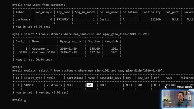 Kết quả EXPLAIN trên MySQL cho thấy type ALL và rows 112200 khi bảng customers chưa có index