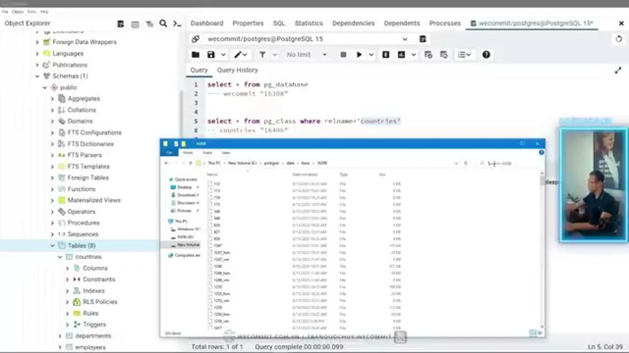Truy vấn pg_database và pg_class cho ra OID 16398 và 16406, khớp đúng tên folder và tên file trong thư mục base của PostgreSQL