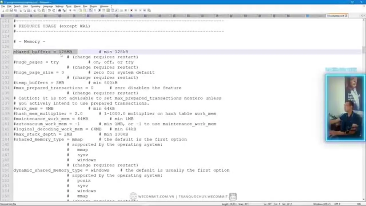 File postgresql.conf phần Resource Usage hiển thị shared_buffers mặc định 128MB và work_mem 4MB