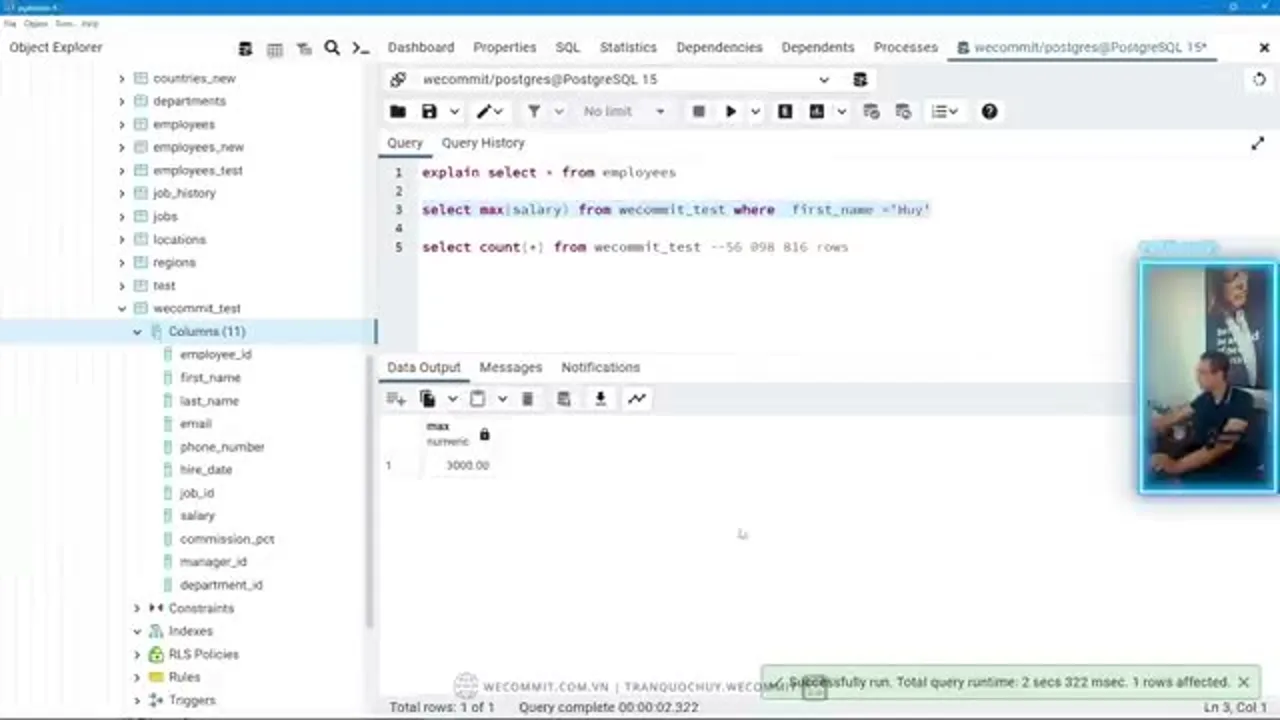 pgAdmin báo Total query runtime 2 secs 322 msec khi chạy câu lệnh trên bảng 56 triệu bản ghi chưa có index