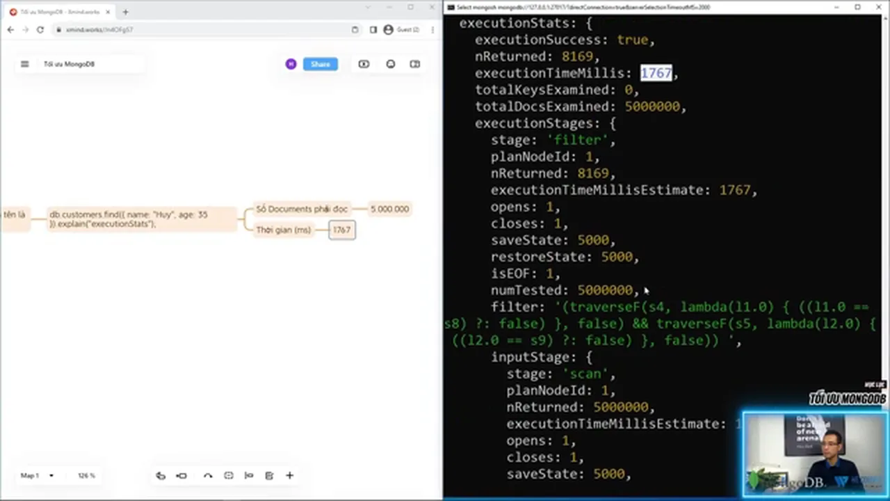 Kết quả explain executionStats của MongoDB khi chưa có Index, totalDocsExamined bằng 5.000.000 và executionTimeMillis bằng 1767