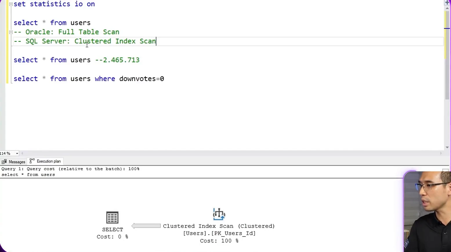 Execution plan trên SQL Server cho cùng câu lệnh, hiện toán tử Clustered Index Scan trên PK_Users_Id chiếm 100% cost