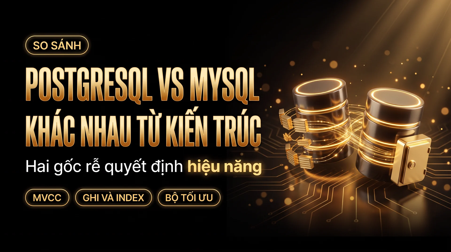Ảnh bìa bài PostgreSQL vs MySQL, nền đen chữ vàng, hai khối database 3D nối nhau bằng dòng dữ liệu vàng