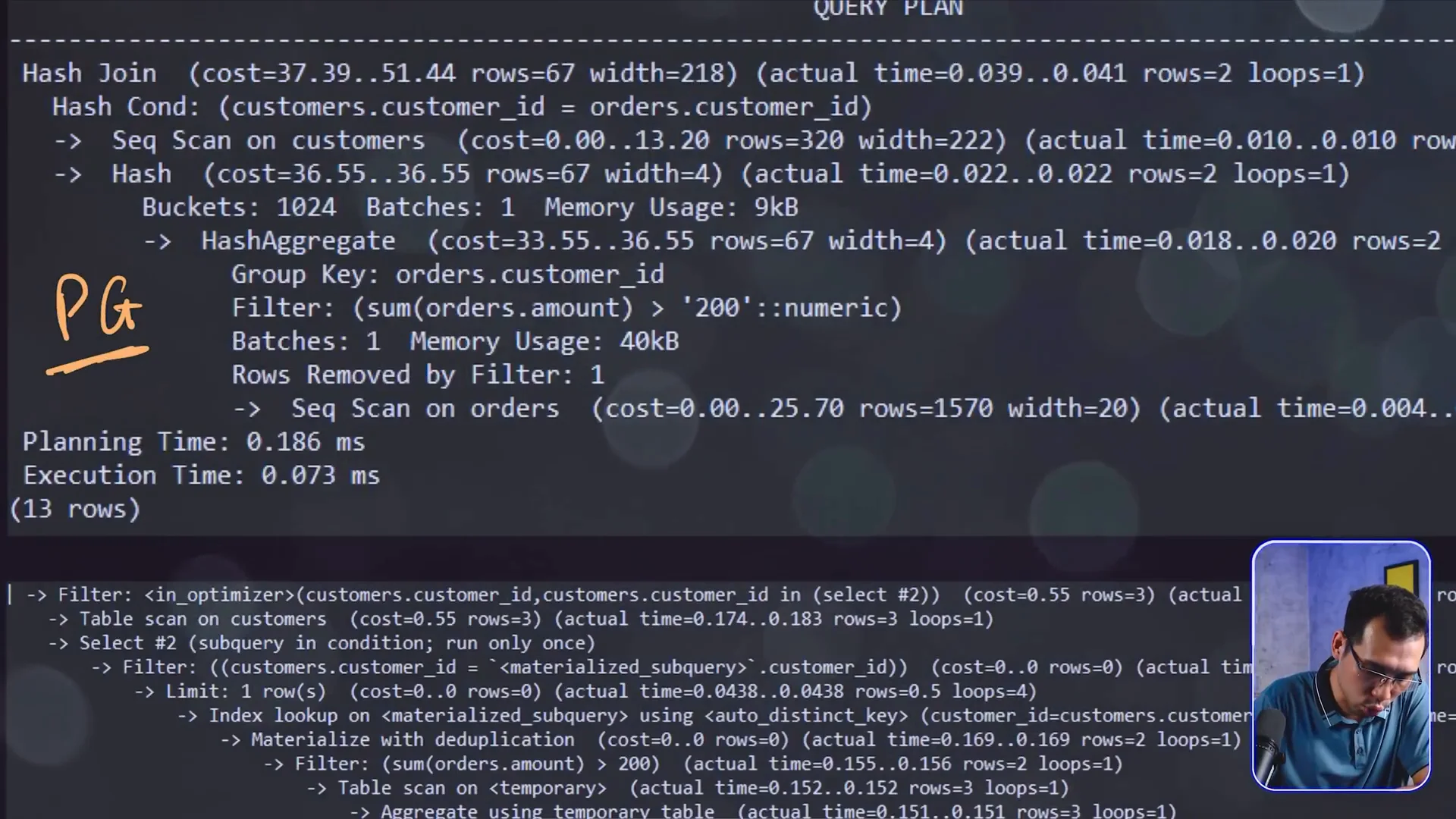 Kết quả explain analyze của PostgreSQL, node trên cùng là Hash Join với actual time 0.039 tới 0.041, bên dưới là Planning Time 0.186 ms và Execution Time 0.073 ms