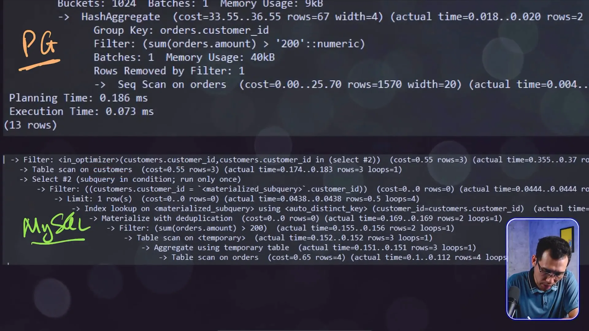Hai kết quả explain analyze đặt chồng nhau, phía trên ghi tay chữ PG màu cam, phía dưới ghi tay chữ MySQL màu xanh lá với các node Table scan và Materialize with deduplication