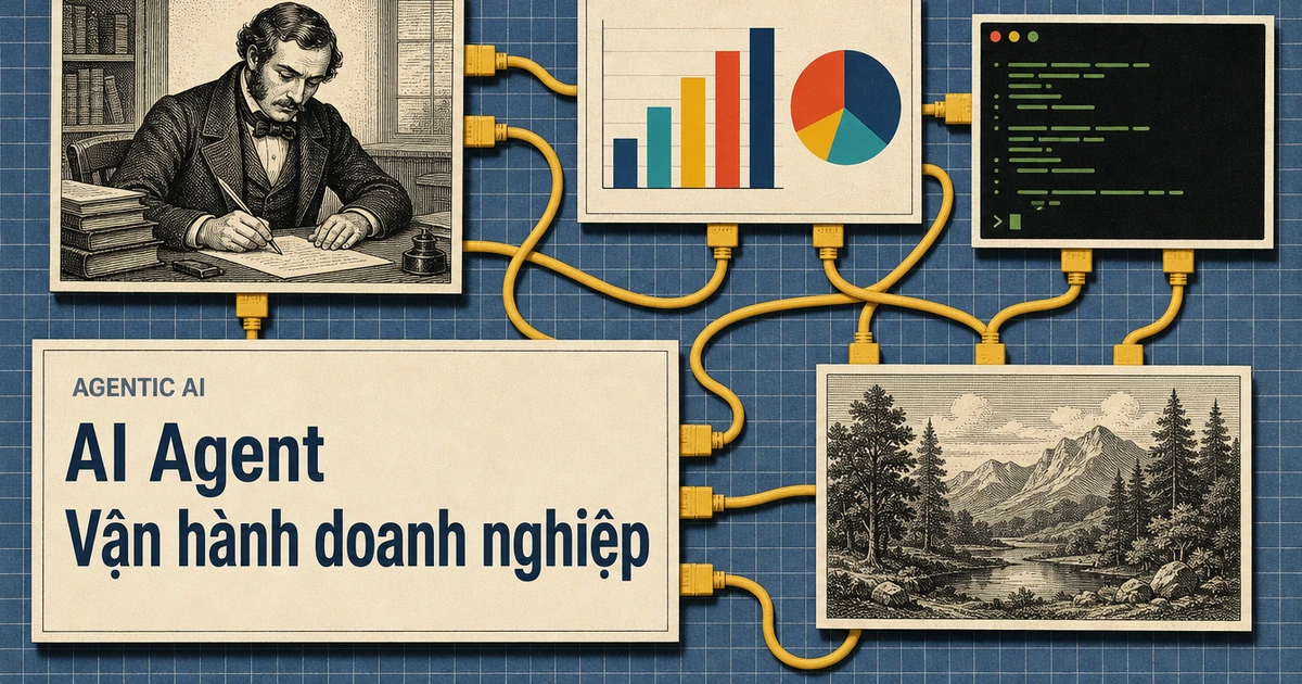 Nền lưới kỹ thuật xanh, nhiều khung ảnh nối nhau bằng dây cáp vàng gồm người thư ký khắc gỗ, biểu đồ, cửa sổ dòng lệnh và một phong cảnh
