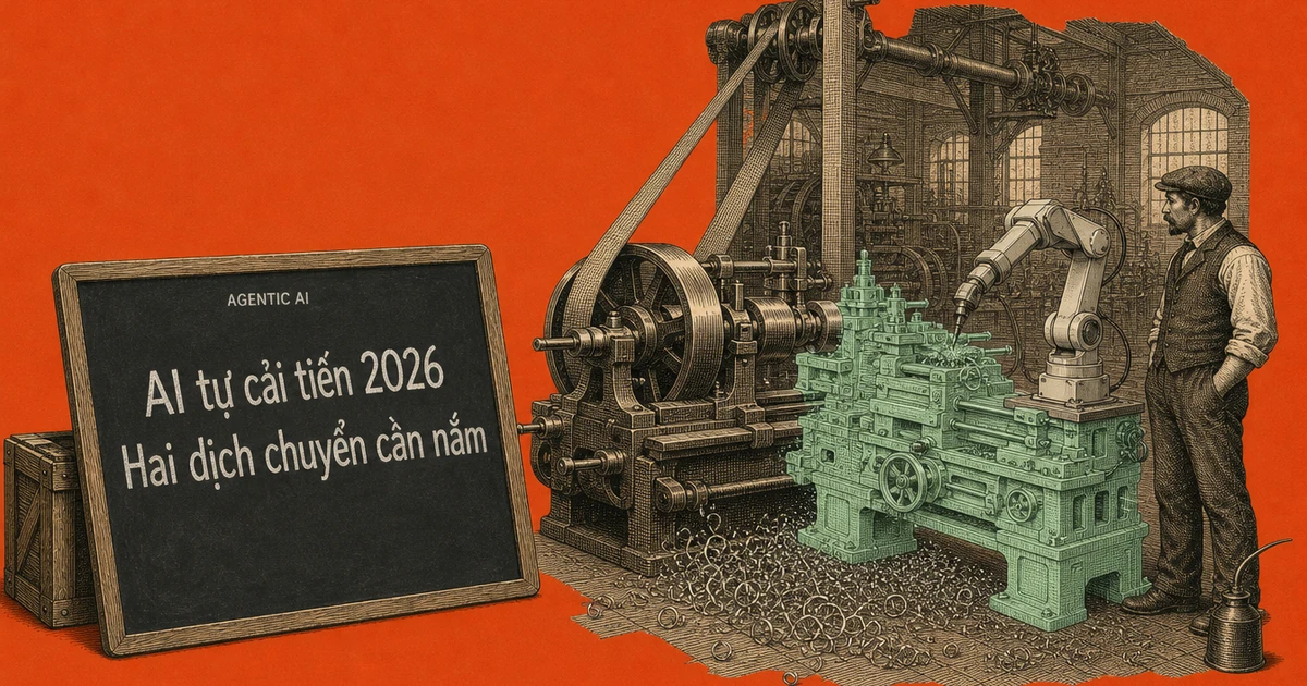 Nền cam gỉ, một chiếc máy tiện đang tự tiện ra một chiếc máy tiện mới tinh xảo hơn chính nó, người thợ đứng lùi lại đút tay túi quần chỉ đứng nhìn, bình dầu đã đặt xuống đất