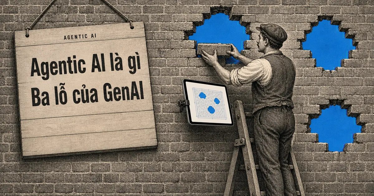 Tường gạch khắc kín khung có ba lỗ thủng lộ ra mảng trời xanh phẳng, người thợ nề đứng trên thang trám lỗ thứ nhất, máy tính bảng kẹp trên thang, bảng gỗ ghép treo bên trái
