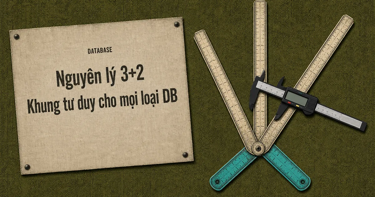 Thước gấp thợ mộc mở bung thành đúng năm nhánh thẳng từ một bản lề, ba nhánh dài và hai nhánh ngắn được tô xanh, thước cặp điện tử hiện đại đặt vắt ngang, cuộn vải can ghim bốn góc bên trái, nền ô liu có hạt in