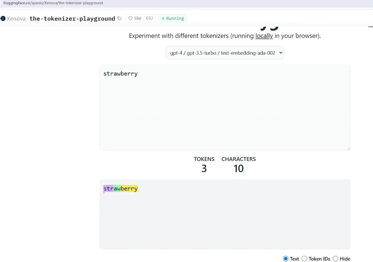 Chữ strawberry trên công cụ tokenizer bị cắt thành ba mẩu str, aw, berry, đếm ra 3 token trên 10 ký tự