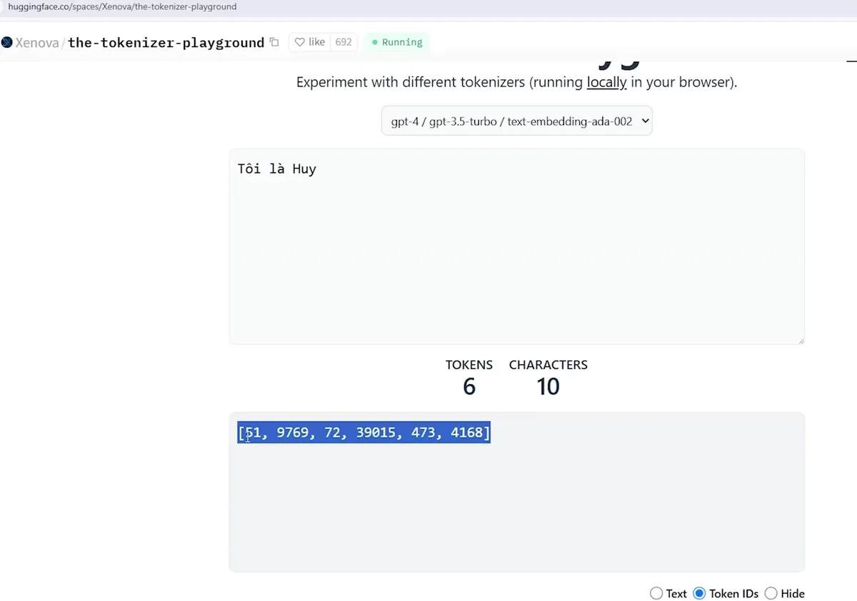 Công cụ the-tokenizer-playground hiển thị chuỗi Tôi là Huy được cắt thành 6 token từ 10 ký tự, kèm dãy token ID