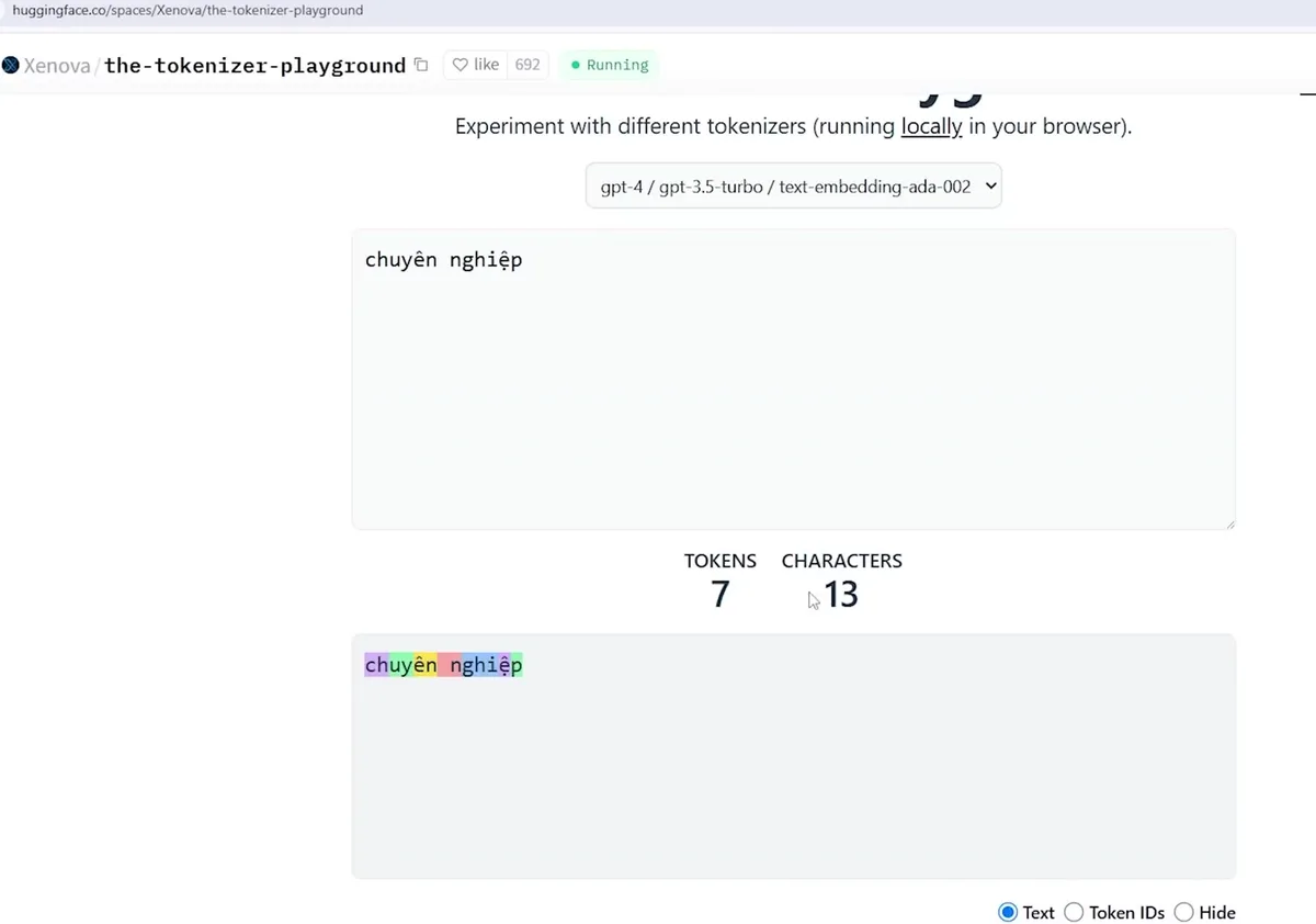 Chữ chuyên nghiệp tiếng Việt bị cắt vụn thành 7 token trên 13 ký tự trong công cụ tokenizer