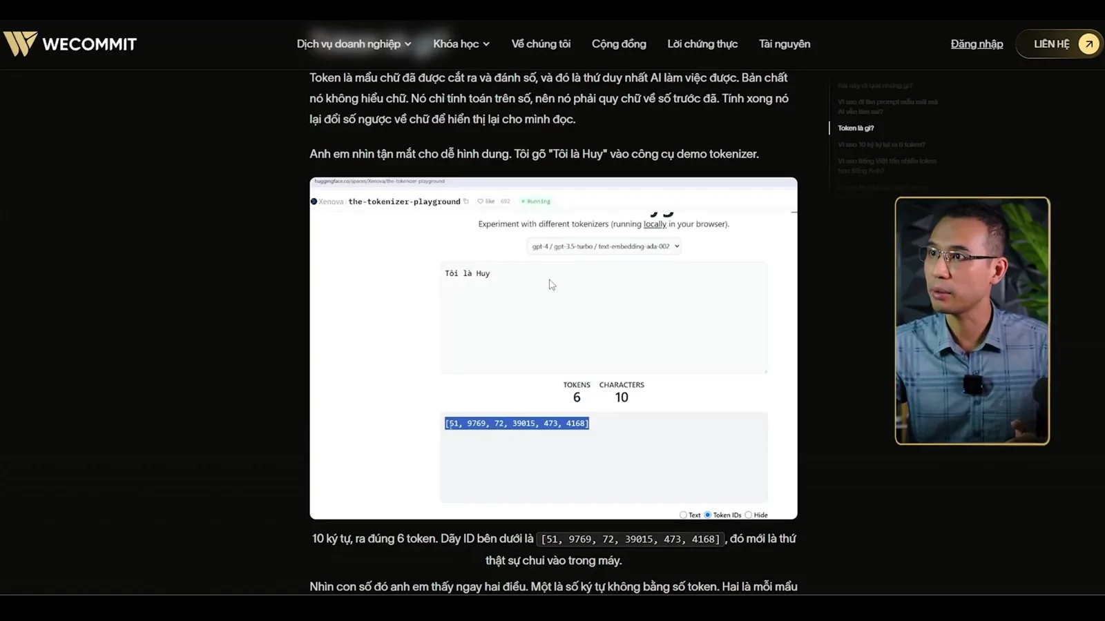Bài viết trên website Wecommit chuyển thể từ video, có ảnh chụp công cụ tokenizer minh hoạ cho nội dung