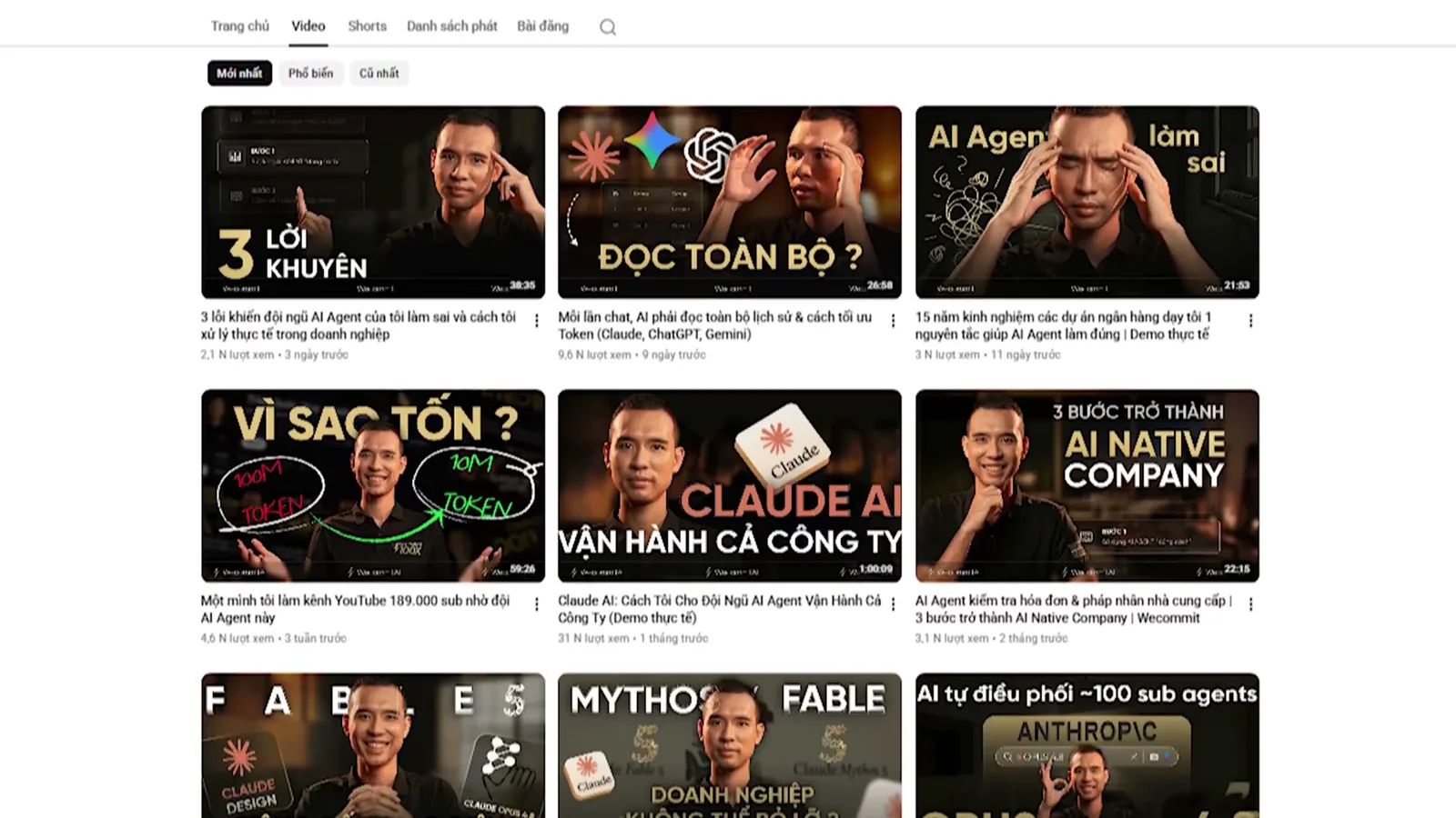 Lưới video trên kênh YouTube của Trần Quốc Huy, các video về AI Agent và Claude