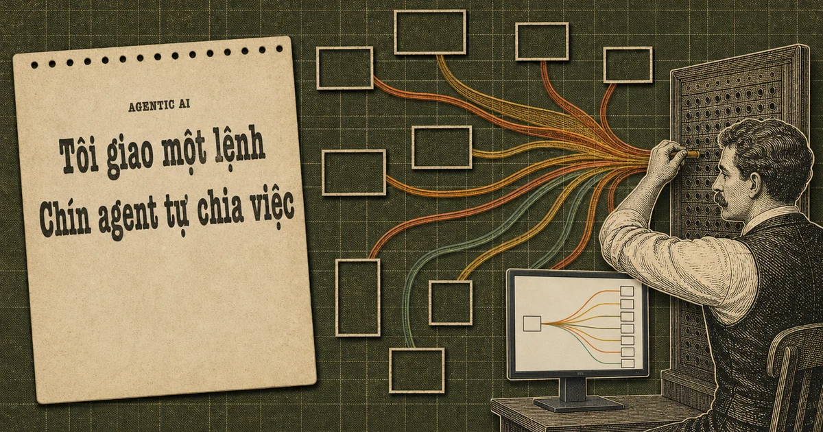 Người điều phối thời Victoria cắm một sợi dây duy nhất vào bảng đấu nối, từ đó một bó dây màu hổ phách toả ra các khung chữ nhật trống trên nền lưới kỹ thuật ô liu đậm, bên dưới là màn hình vẽ lại đúng sơ đồ phân nhánh đó