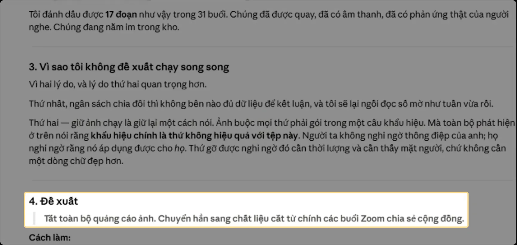 Phần lập luận của AI: vì sao không đề xuất chạy song song ảnh và video, và đề xuất tắt toàn bộ quảng cáo ảnh, chuyển sang chất liệu cắt từ các buổi Zoom chia sẻ cộng đồng