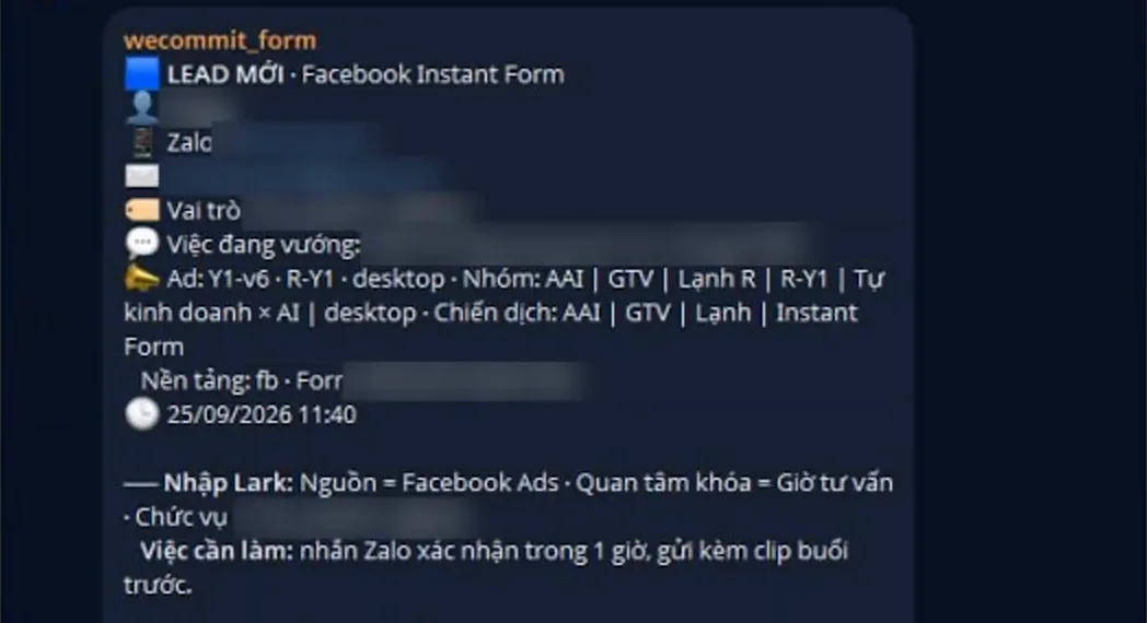 Tin báo LEAD MỚI từ Facebook Instant Form trong nhóm Telegram, thông tin cá nhân đã làm mờ, có nguồn quảng cáo, loại quan tâm là Giờ tư vấn, và việc cần làm cho sale