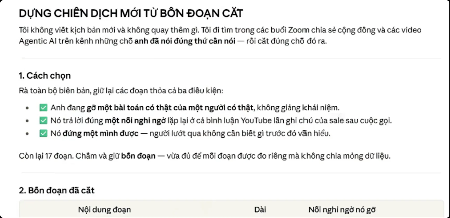 Tài liệu AI tự viết: Dựng chiến dịch mới từ bốn đoạn cắt, mục Cách chọn với ba điều kiện được đánh dấu tích