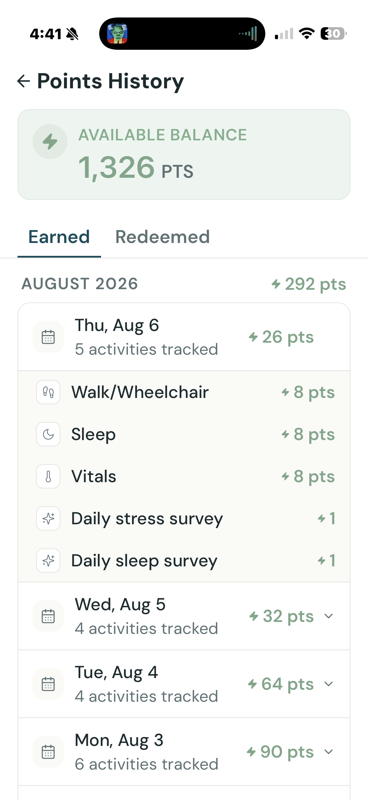 Evidation points history showing points earned from tracked activities